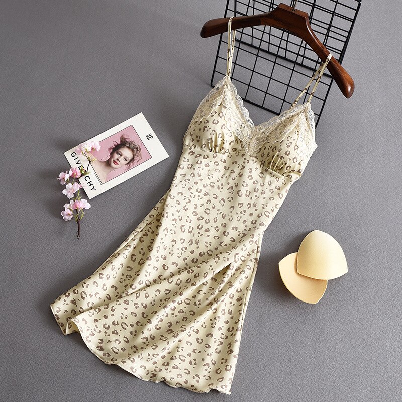 Lisacmvpnel Leopard Pattern Suspender Nightdress Women's Summer Thin Sexy Silk With Bra Lace Nightgown: Yellow / L