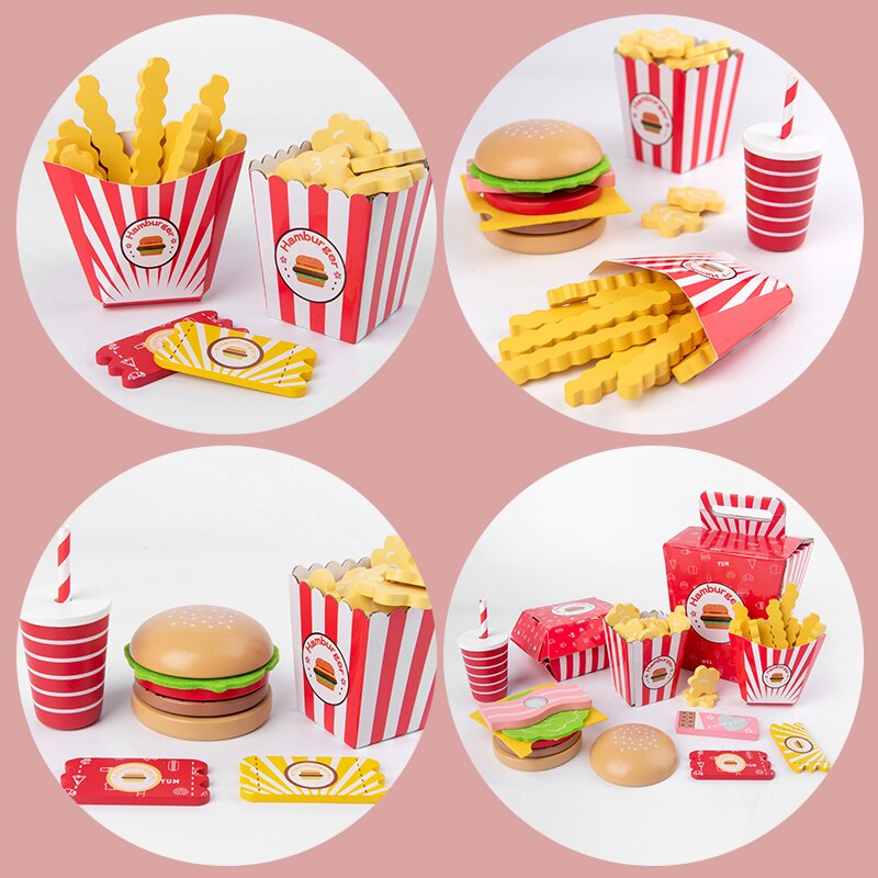 Wooden kids toy simulation hamburger fries set juicer coffee machine playhouse simulation real life kitchen utensils game toys