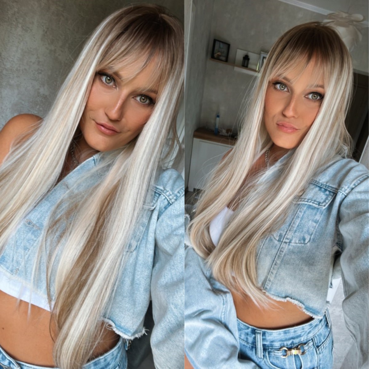 Easihair lång silverfärgad med blonda slingor syntetiska peruker för kvinnor rak med lugg naturlig peruk cosplay-hår värmebeständigt