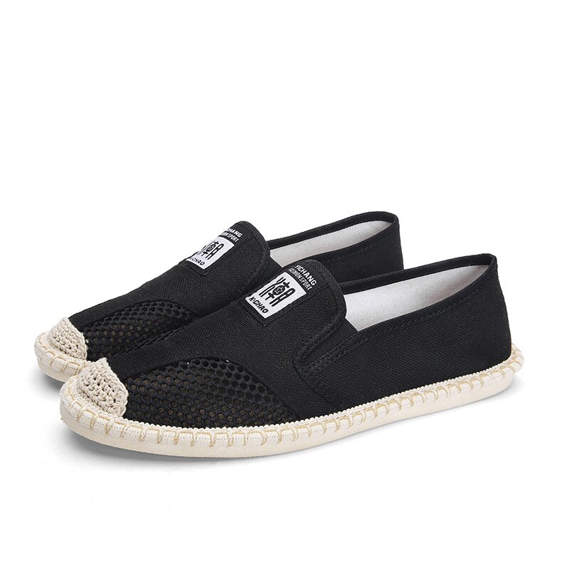 Chaussures d'été en maille respirante pour hommes, souliers de pêcheur décontractés, absorbant la sueur, chaussures de conduite en toile de lin à enfiler,: Black / 41