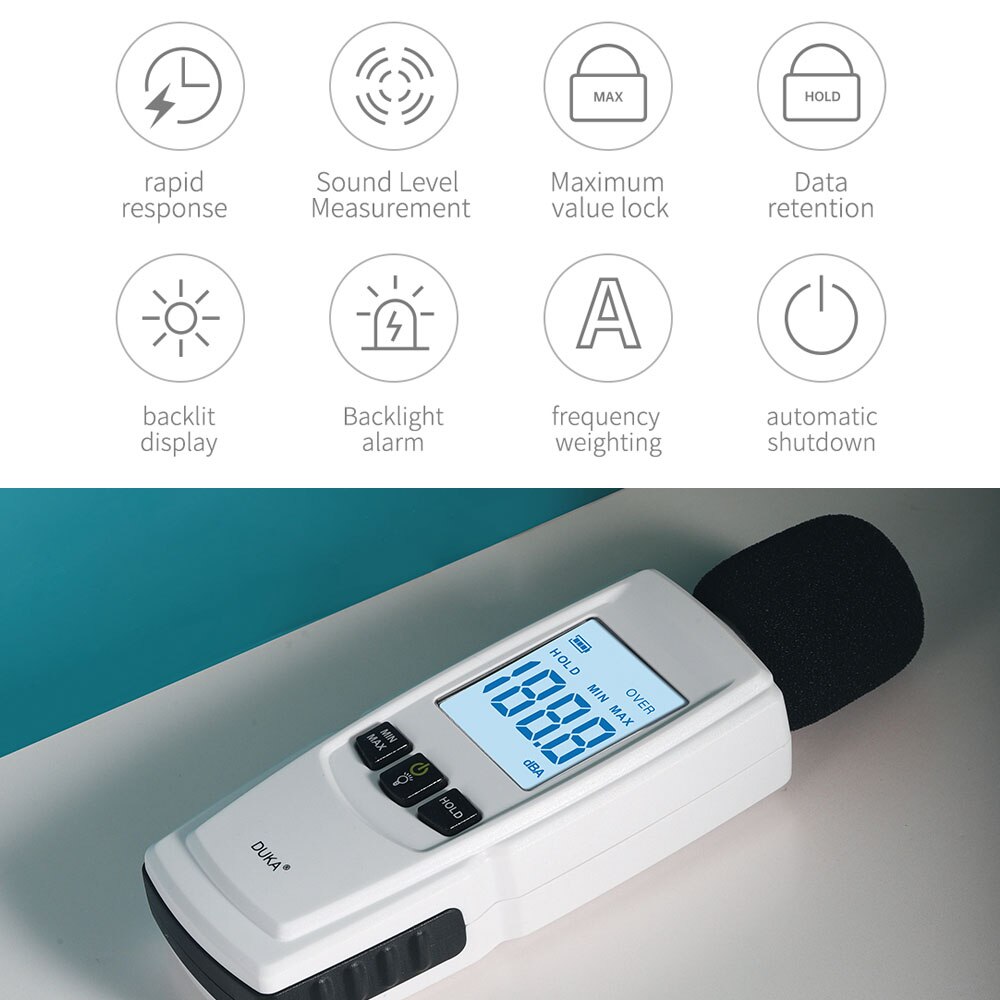Duka Decibel Meter Digital Sound Level Reader Audio Noise Maatregel Apparaat Met Led Display Backlight Alarm Data Hold Functie