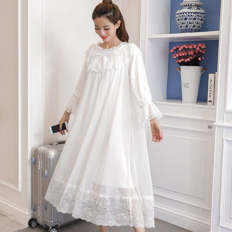 Vestido de noche de maternidad de princesa para mujeres embarazadas, camisón Sexy de encaje de algodón blanco de gran tamaño, ropa de dormir suelta para embarazo: Blanco / XL