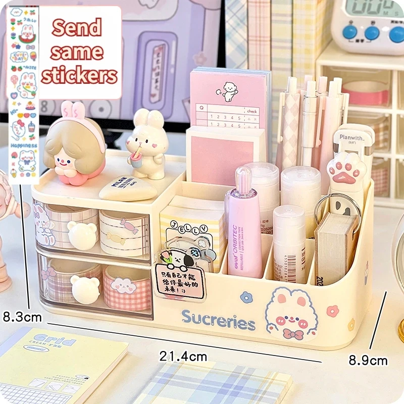Kawaii caixa de armazenamento de mesa organizador bonito urso lidar com gaveta tipo organizador de mesa multi-grade caneta titular com adesivos kawaii: Preto