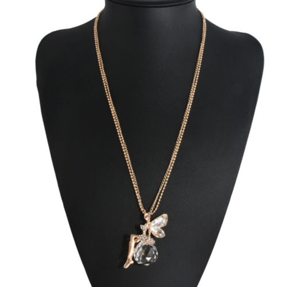 Women Crystal Fairy Angel Wing Pendant Long Chain Sweater Necklace
