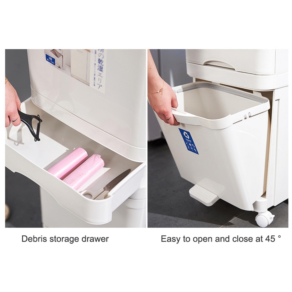 Garbage Classification 45L/48L 3 Layers Plastic Trash Bin Home Kitchen Garbage Classification Can with Wheels Garbage Storage