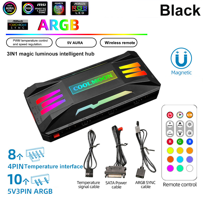 COOLMOON 5V/3Pin ARGB 4Pin Fan PWM HUB 1To8 Music Rhythm Temperature Controller Aura Sync Cooling Fan Remote Control Chassis Hub: Beige