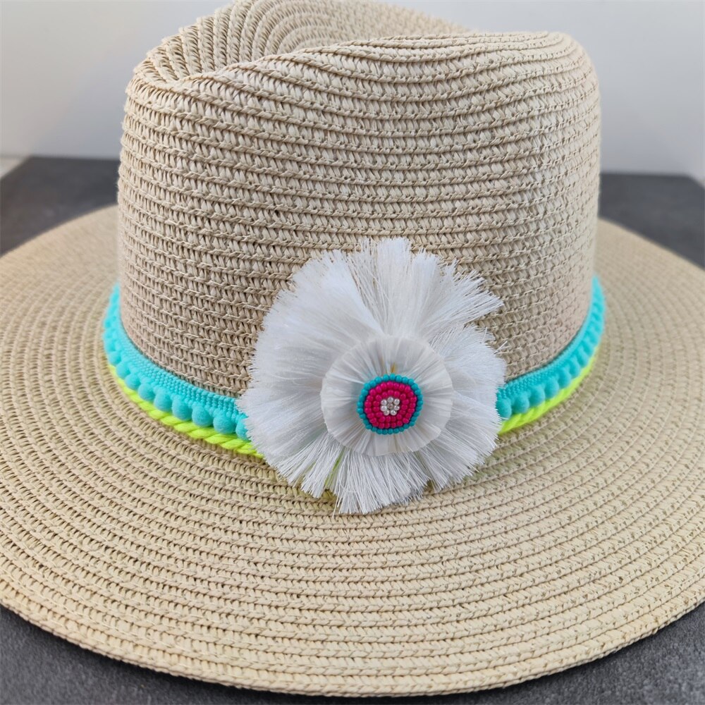 Boho stil solhat bred skygge floppy sommerhatte til kvinder strand panama stråkuppel blomsterhat femme skyggehat: 8