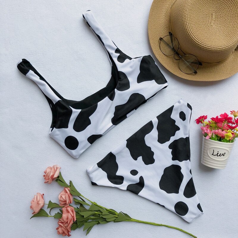 ZTVitality Women's Cow Print Bikini - Padded Mid Waist Brazilian Biquini Swimwear Set