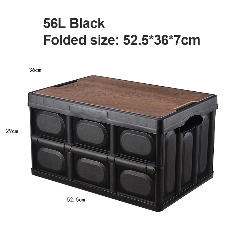 30L 56L Outdoor Plastic Folding Storage Box With Wooden Lid For Travel Organizer Car Sundries Food Container Lunchbox Fiambrera: Black 56L