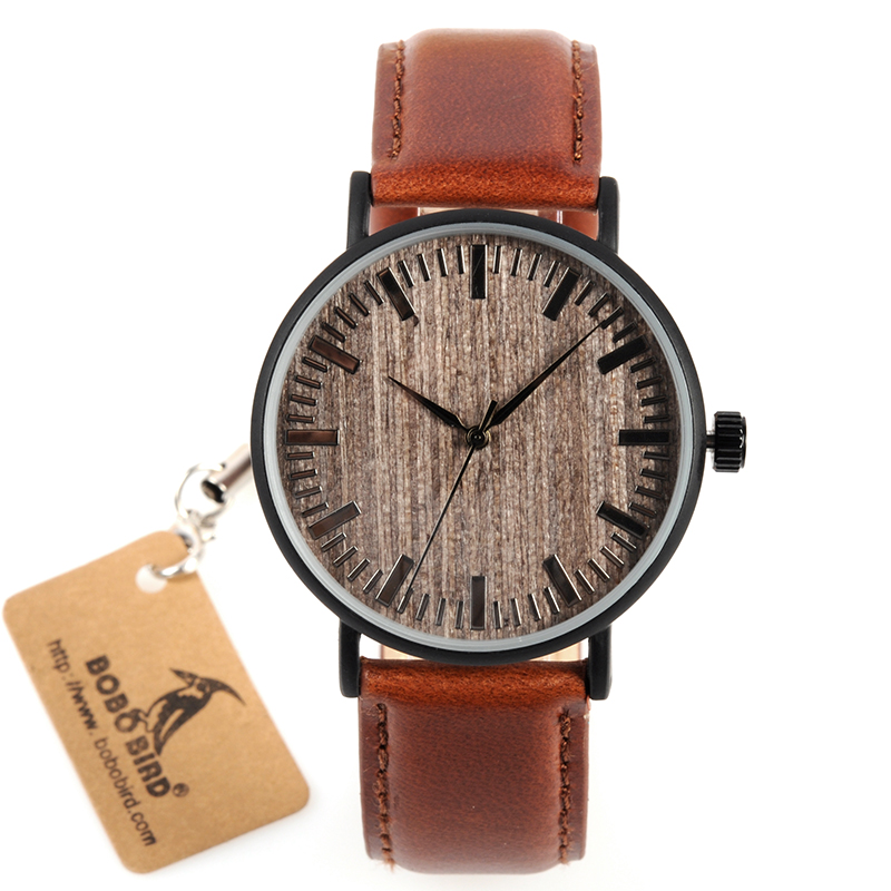 BOBO BIRD WE25 Mens Watch with Metal Case Wooden Dial Face Soft Leather Band Quartz Watches for Men Women