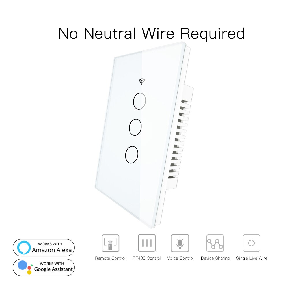 RF433 WiFi Smart Wall Touch Switch No Neutral Wire Needed Smart Single Wire Wall Switch Work with Alexa Google Home 170-250V: 3 Gang White