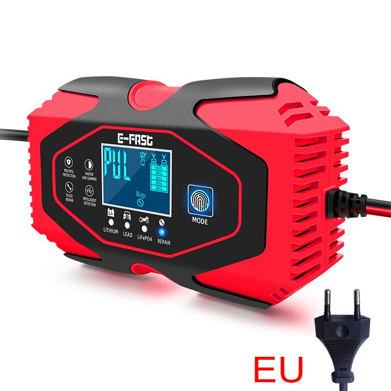12V 24V Car Motorcycle Battery Charger Lithium Iron Lithium Charger Memory Function Fast Charging Repair: EU-Red