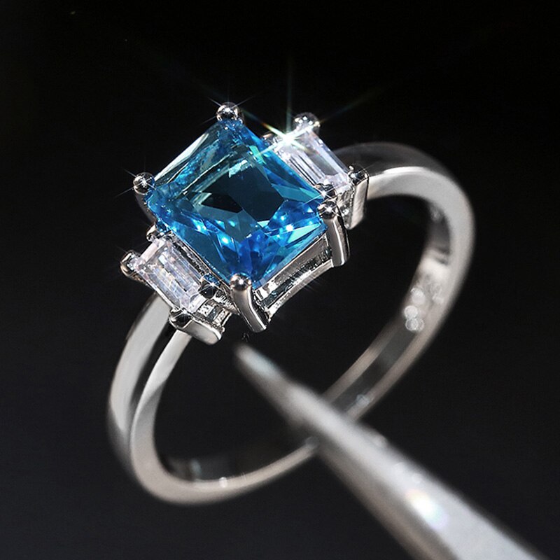 Huitan Luxury Sky Blue Square Zirconia Finger Rings for Women Wedding Jewelry Birthday Presents Factory Direct Selling Rings