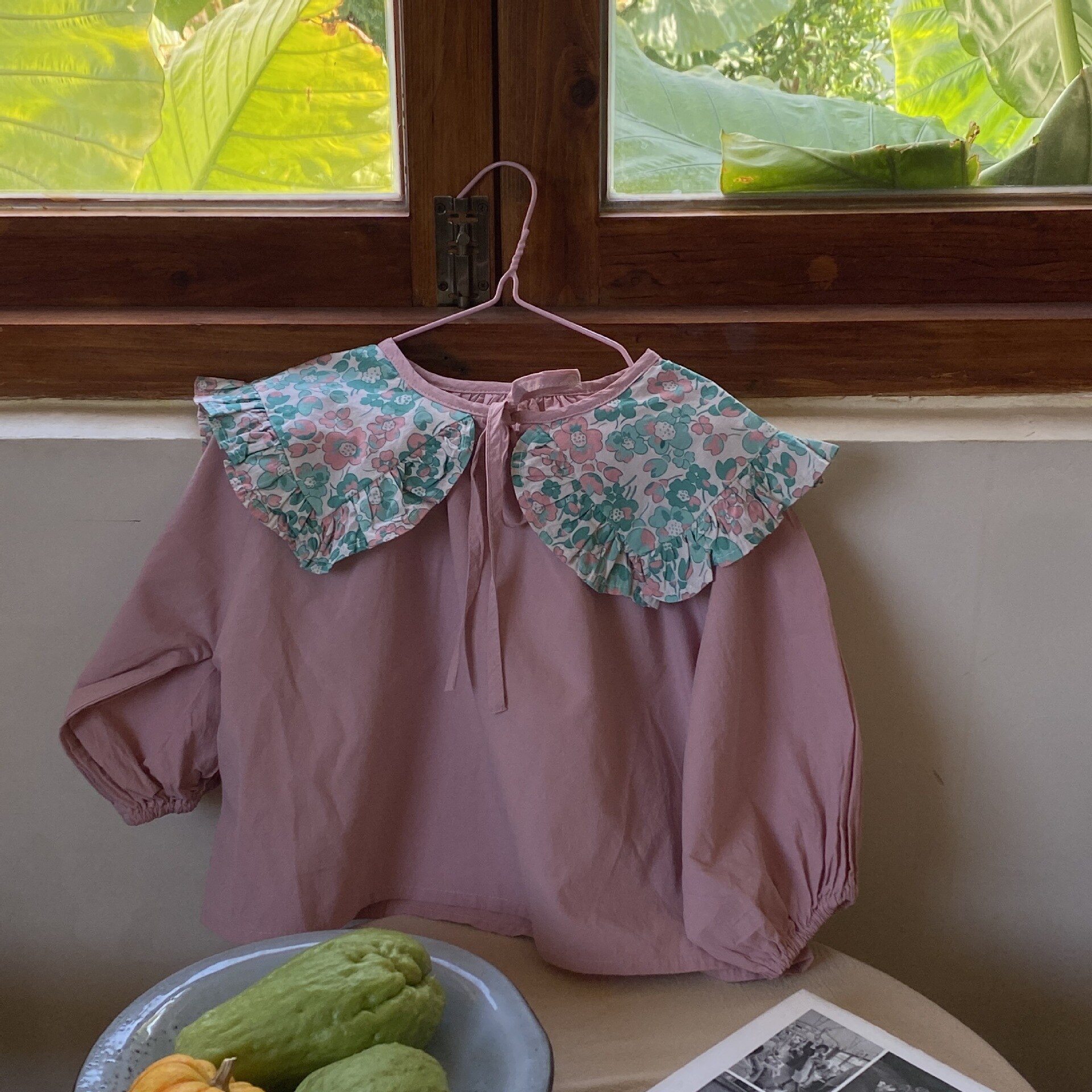 2022 Lente Koreaanse Kinderkleding Koreaanse Stijl Groen Bloemen Grote Revers Meisjes Shirt: Roze / 3T