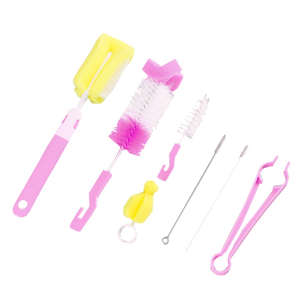 7 pçs/set escova de limpeza de garrafa de leite alimentação do bebê beber palha ferramenta lavagem garrafa escovas ferramentas limpeza: Pink 7pcs