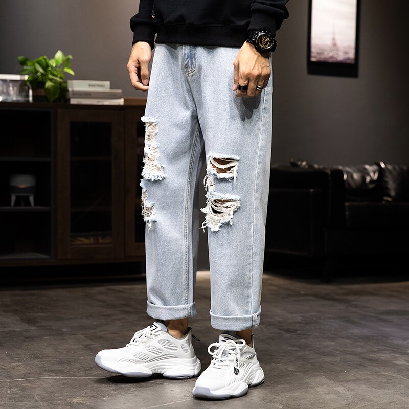 Pantalones vaqueros rasgados para hombre, pantalón de pierna ancha, corte recto, holgado, color azul claro, con agujeros rotos, ropa de calle, Hip Hop, longitud hasta el tobillo