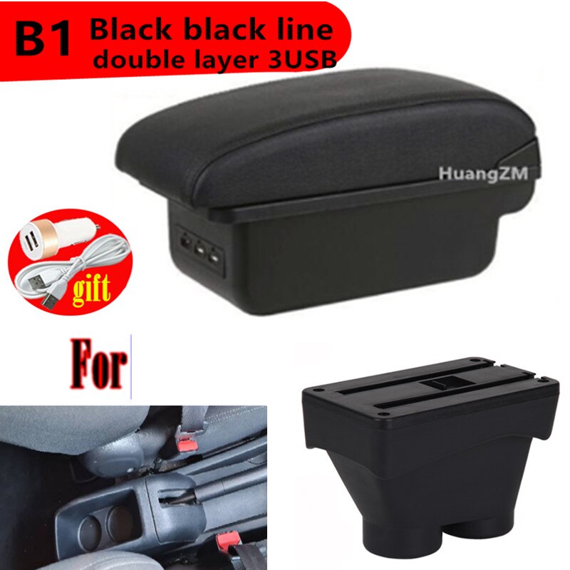 Universel Bil Armlæn Boks - ABS & Læder - 43x15x15cm - til Peugeot 208: B sort sort linje