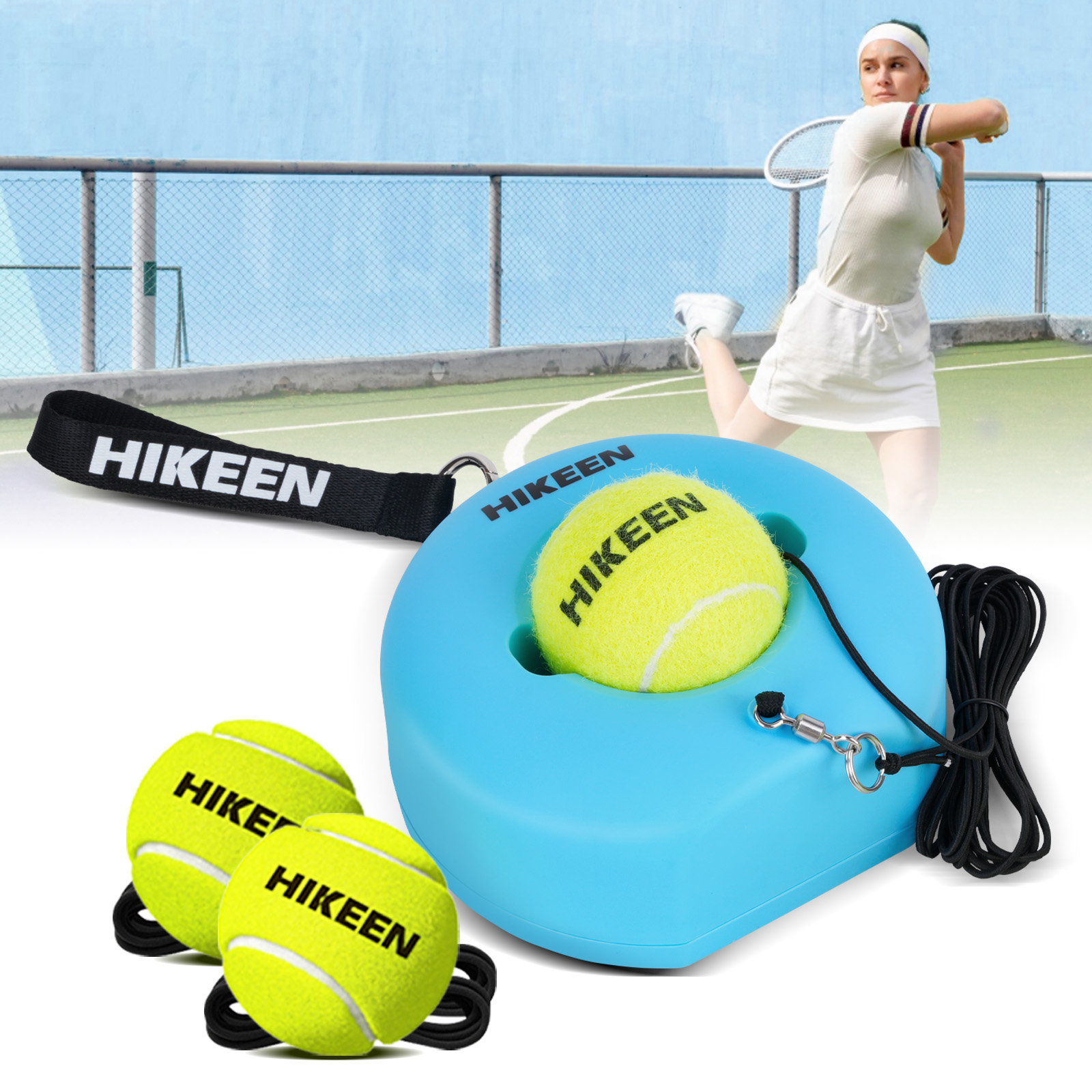 Hikeen Premium entraîneur de Tennis rebond avec Base en métal, ensemble d'entraînement de Tennis Solo Portable avec 3 balles à cordes hautement élastiques: Cuivre