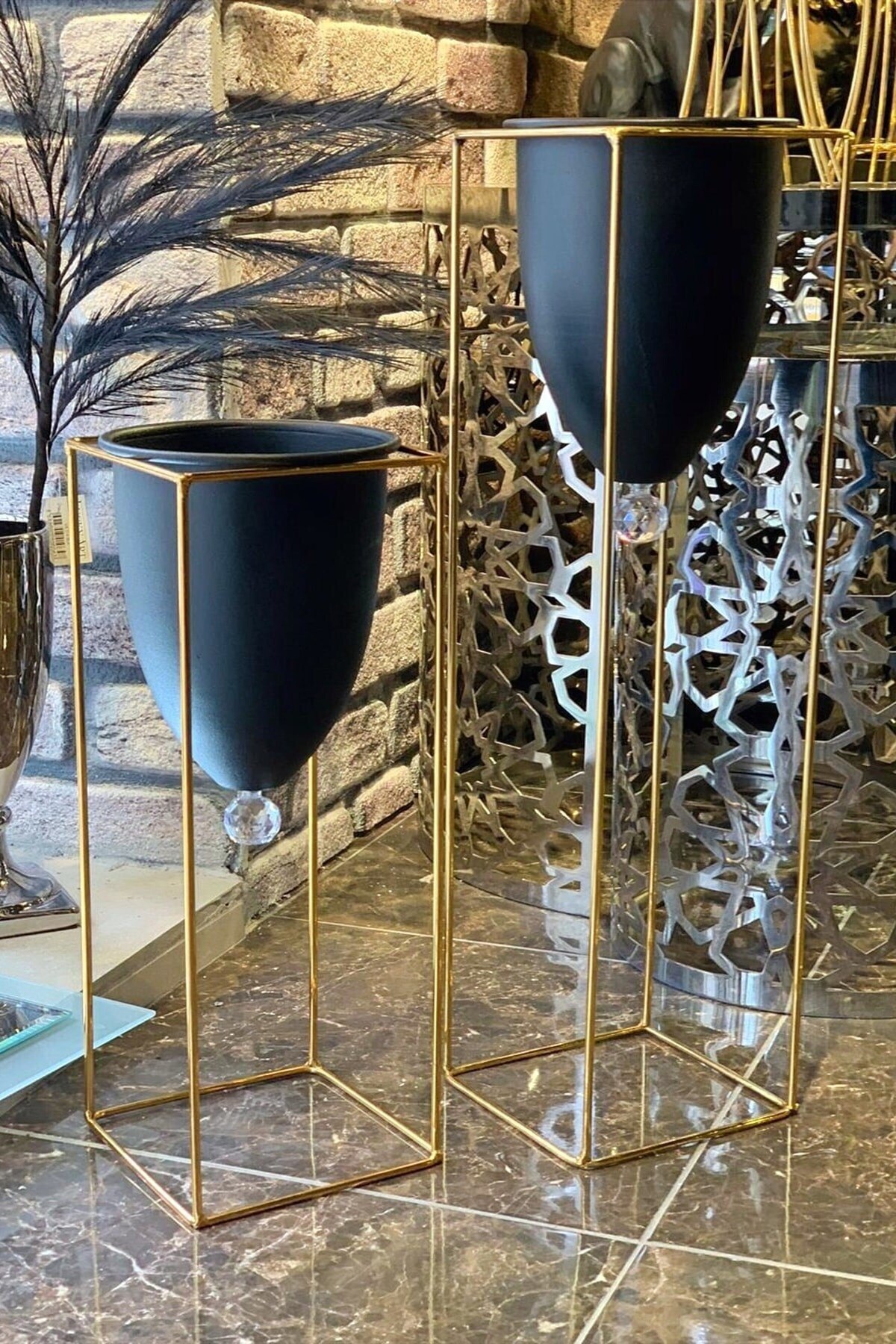 Maceta de Pedestal de Metal para decoración del hogar, 2 piezas: GOLD BLACK