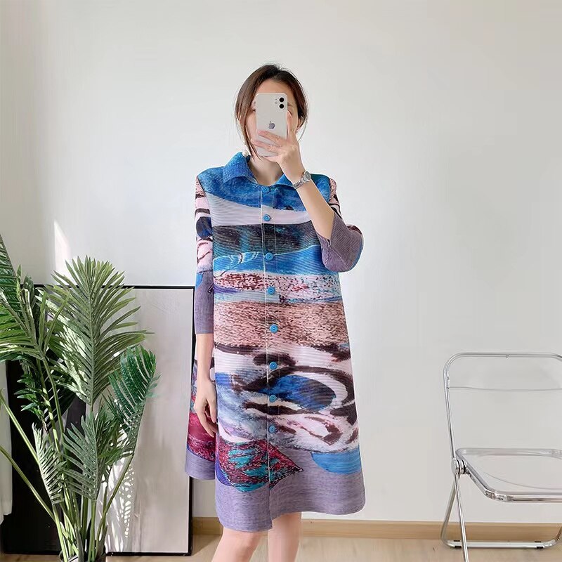 Miyake – manteau plissé imprimé pour femmes, Slim, grande taille, rétro, revers, simple boutonnage, décontracté, printemps 2022: Bleu