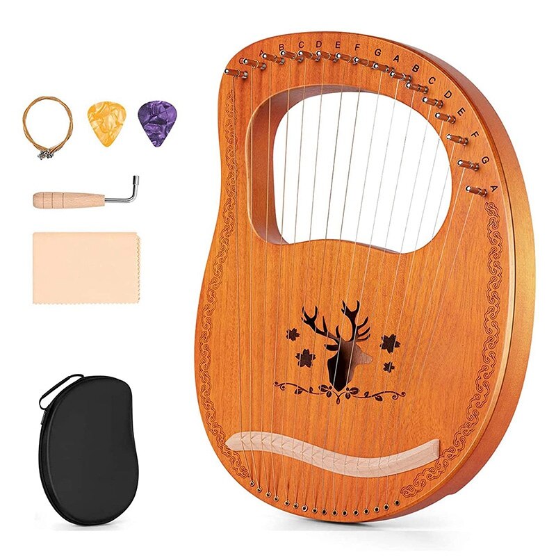 Lyre harp, 16 cordas de instrumento de corda de madeira compensada de mogno, com chave de ajuste e bolsa de armazenamento e ferramenta de ajuste: Default Title