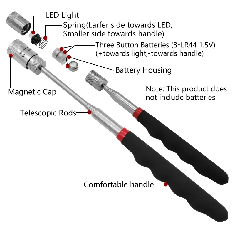 Teleskop-Magnetstift mit LED-Licht, ausziehbarer Tonabnehmerstab, tragbares Mini-Magnetwerkzeug für Schrauben, Muttern, Bolzen, Metallteile