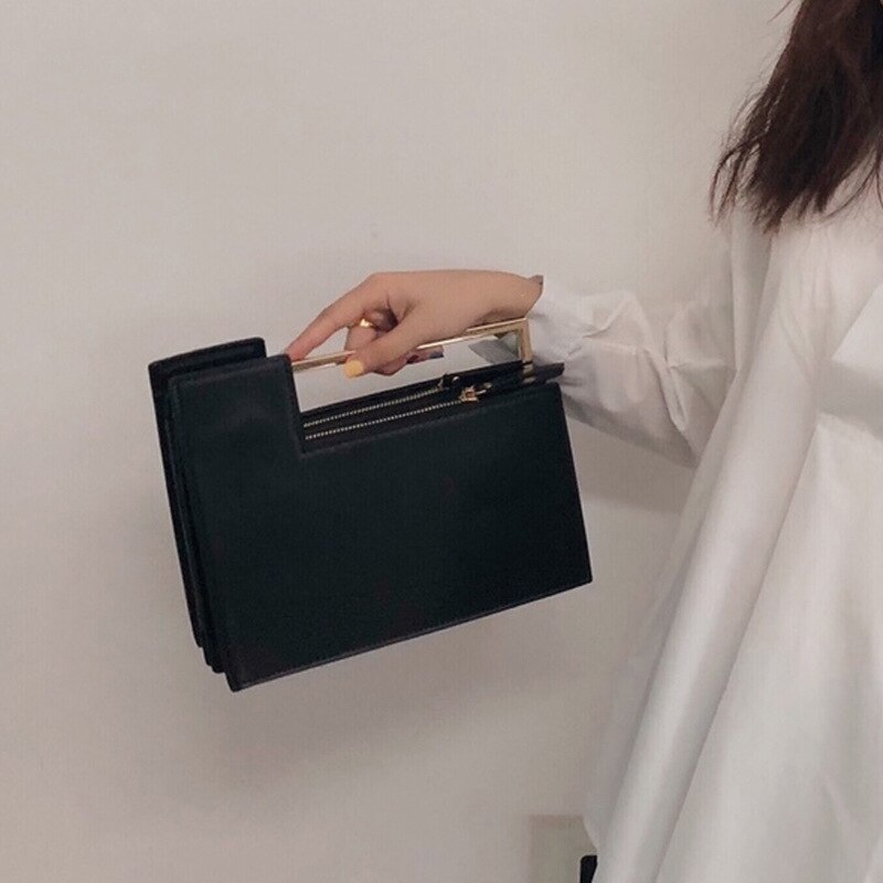 Doudou trend foreign style metal pole organ bag Portable Single Shoulder Messenger Bag women's bag small square bag: Black