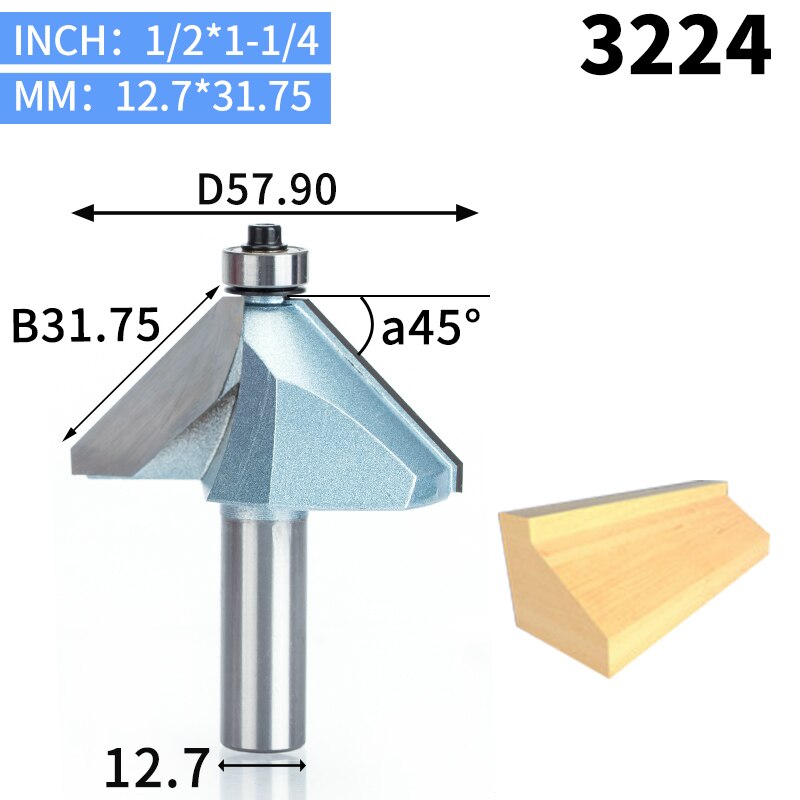 HUHAO 1pcs 1/2"1/4" Shank Chamfer Cutter Industrial grade Router Bits for wood Horse Nose Bit 45 Deg CNC Woodworking Tool endmil: 3224
