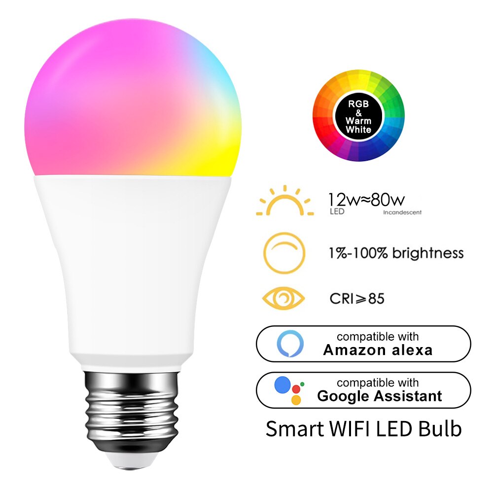 WiFi Smart LED Light Bulb Work Google Assistant Voice Control APP Remote Control Dimmable RGBW Multiple-Color LED Bulb: E27 Warm White / 4 pcs