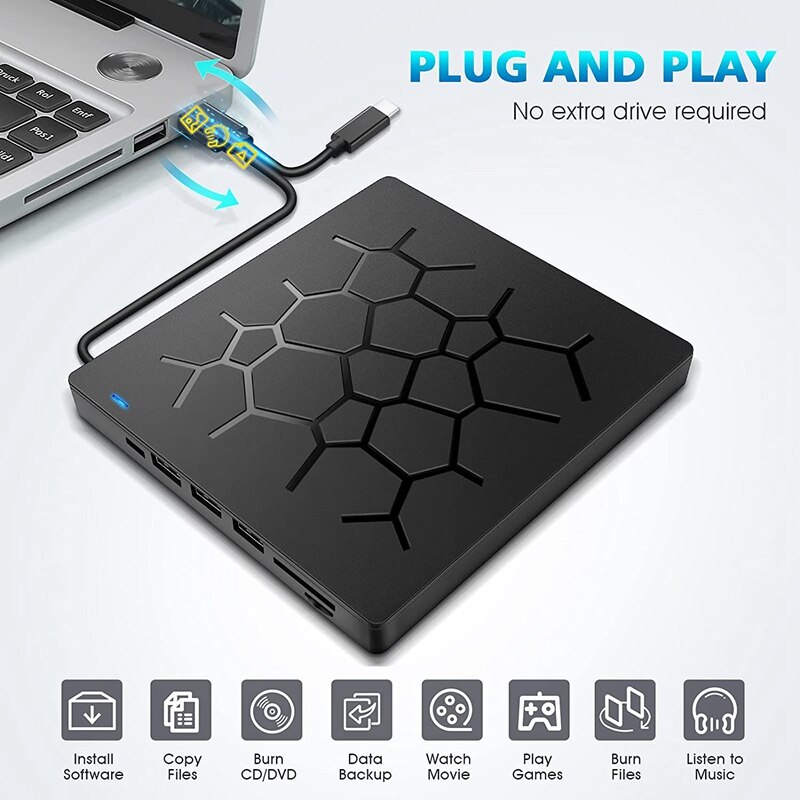 Lecteur de DVD externe, graveur de CD DVD USB 3.0 pour ordinateur portable, lecteur de disque optique de Type C CD/DVD ROM +/-RW avec 4 Ports USB