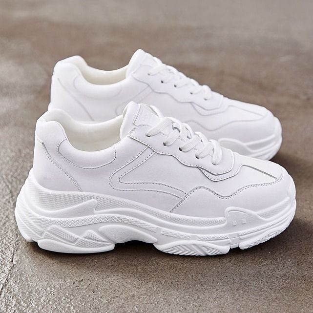 Chunky sneakers til kvinder hvide pu læder kvinders tyksålede sport midaldrende og ældre far fritidssko kvinder b -50