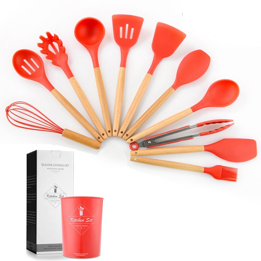 Silicone Non-stick Cooking Utensils Set Cookware Wooden handle Egg Beaters Shovel Spoon Soup Kitchen Tools Accessories Easy Wash: Red