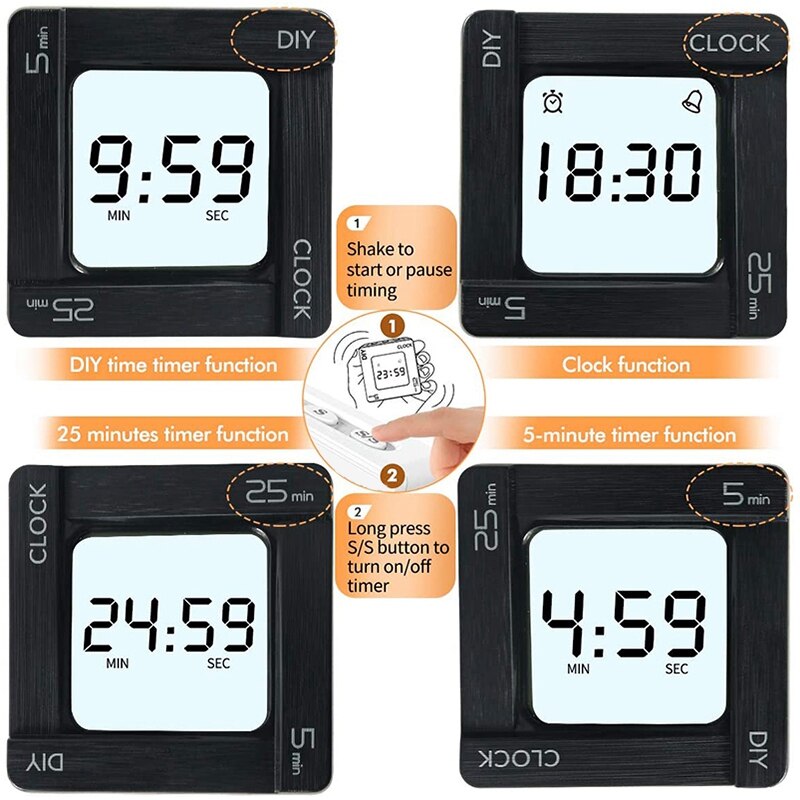 AT69 -Kitchen Timer, 5 Minute, 25 Minute and DIY Minute Preset Countdown Timer with Clock and Snooze Function, Mini Size