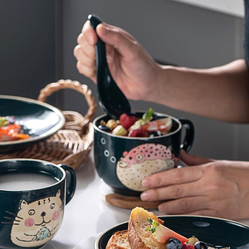 Taza y plato para desayuno de avena, juego de microondas de cerámica para el hogar, tazón de cereales y leche de gran capacidad