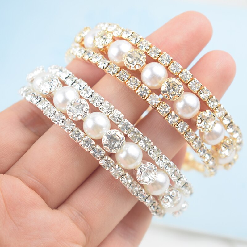 Crystal Imitatie Parel Armband voor Vrouwen 3 Rij Crystal Armband Goud en Zilver Armband Pulseras Mujer Huwelijkscadeau