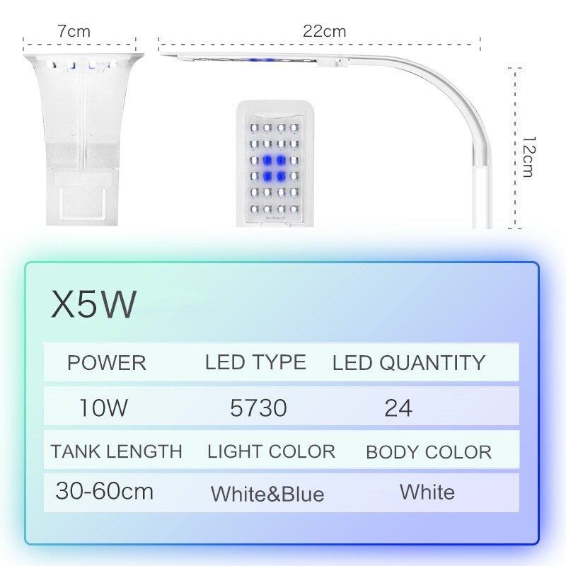 Super Slim Led Aquarium Licht Verlichting Planten Groeien Licht 5W/10W/15W Aquatic Plant Verlichting waterdicht Clip-On Lamp Voor Fish Tank: X5W White Blue Light