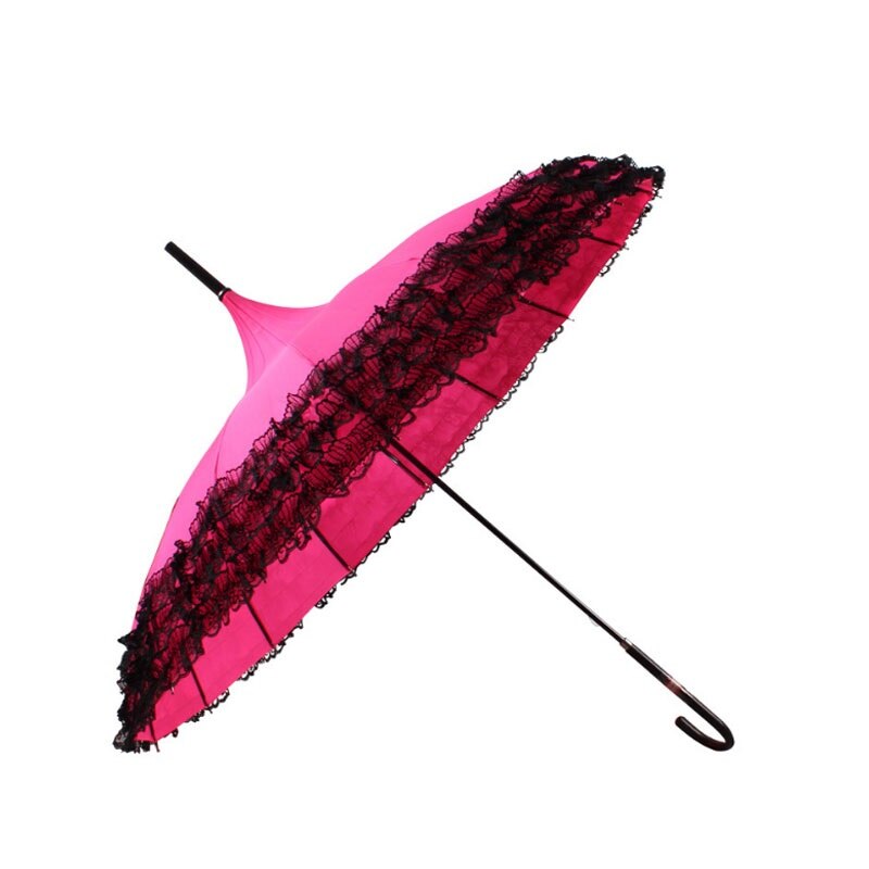 Princess Lace Pagoda Umbrellas For Straight Bar Semi Automatic Long Handle Hook Rain Gear Lady Sunshade Unbrellas Women Parasol