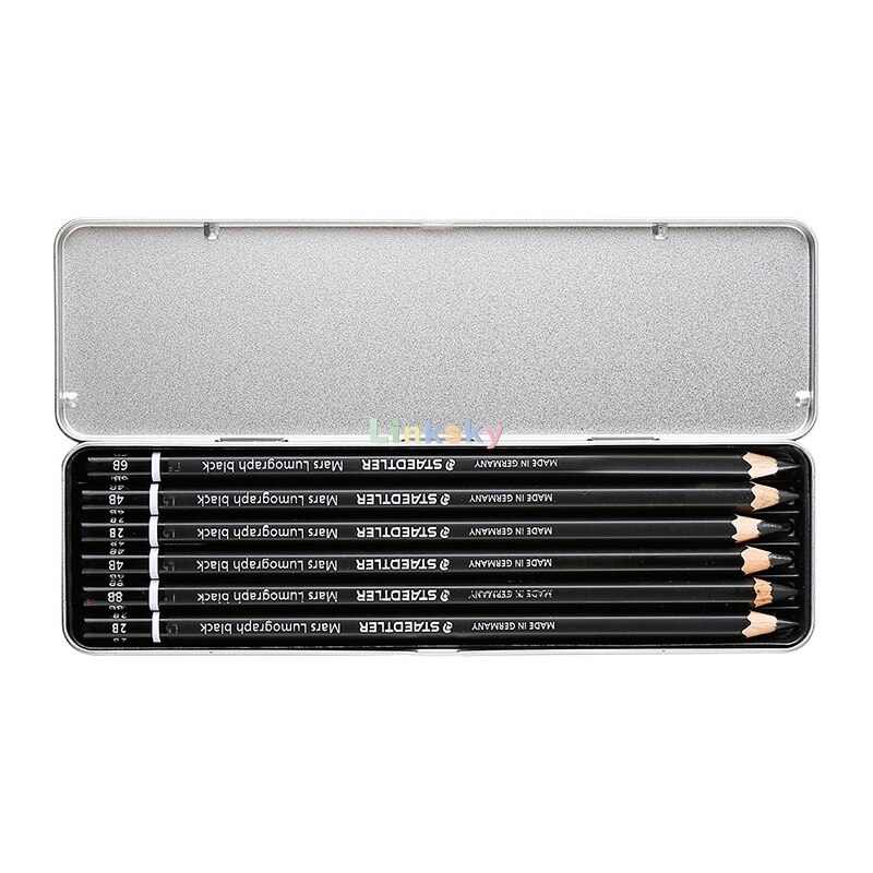 Staedtler Mars Lumograph Black,Carbon Blend Provides Jet Black Lines,Art Pencils,Tin of 6 Assorted Black Sketch Pencils,100B