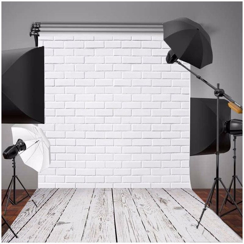 5x7FT Witte Bakstenen Muur Houten Vloer Vinyl Achtergrond Studio Fotografie Achtergrond