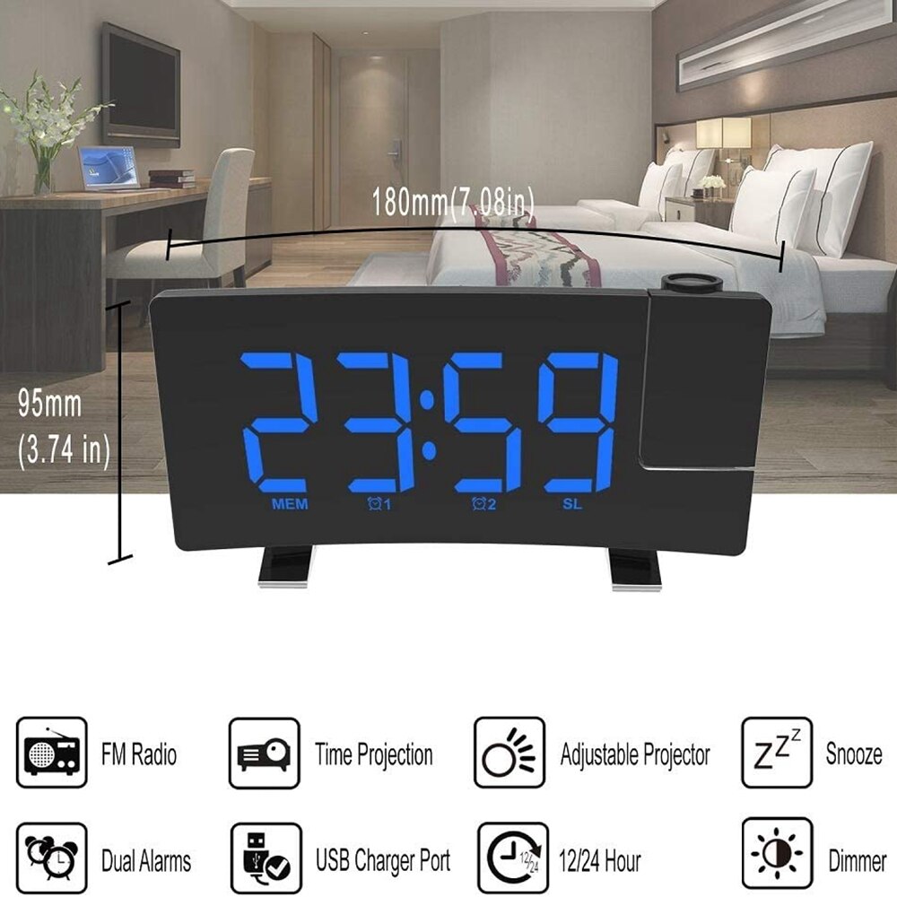 7 inch Alarm Clock Timer FM Radio Digital LED Clock Rotating Backlight Projector USB Charging Projection Backlight Home Decor
