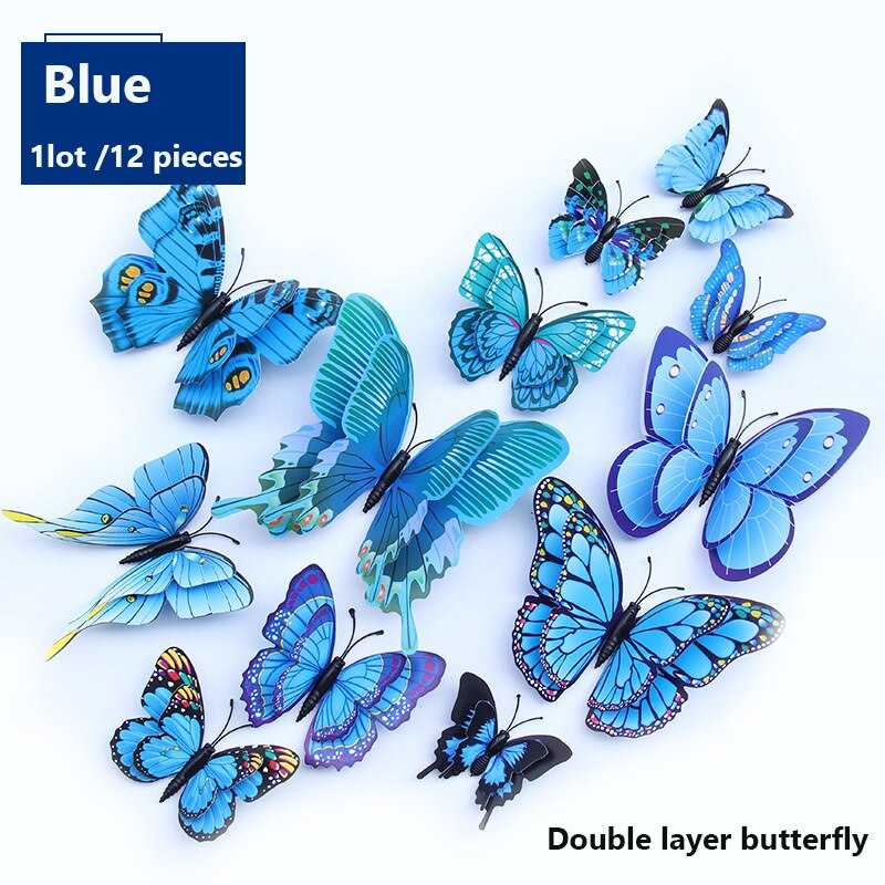 12 pièces/lot multicolore papillon Stickers muraux Double couche 3D bricolage papillons Stickers muraux pour décor à la maison salon: Bleu