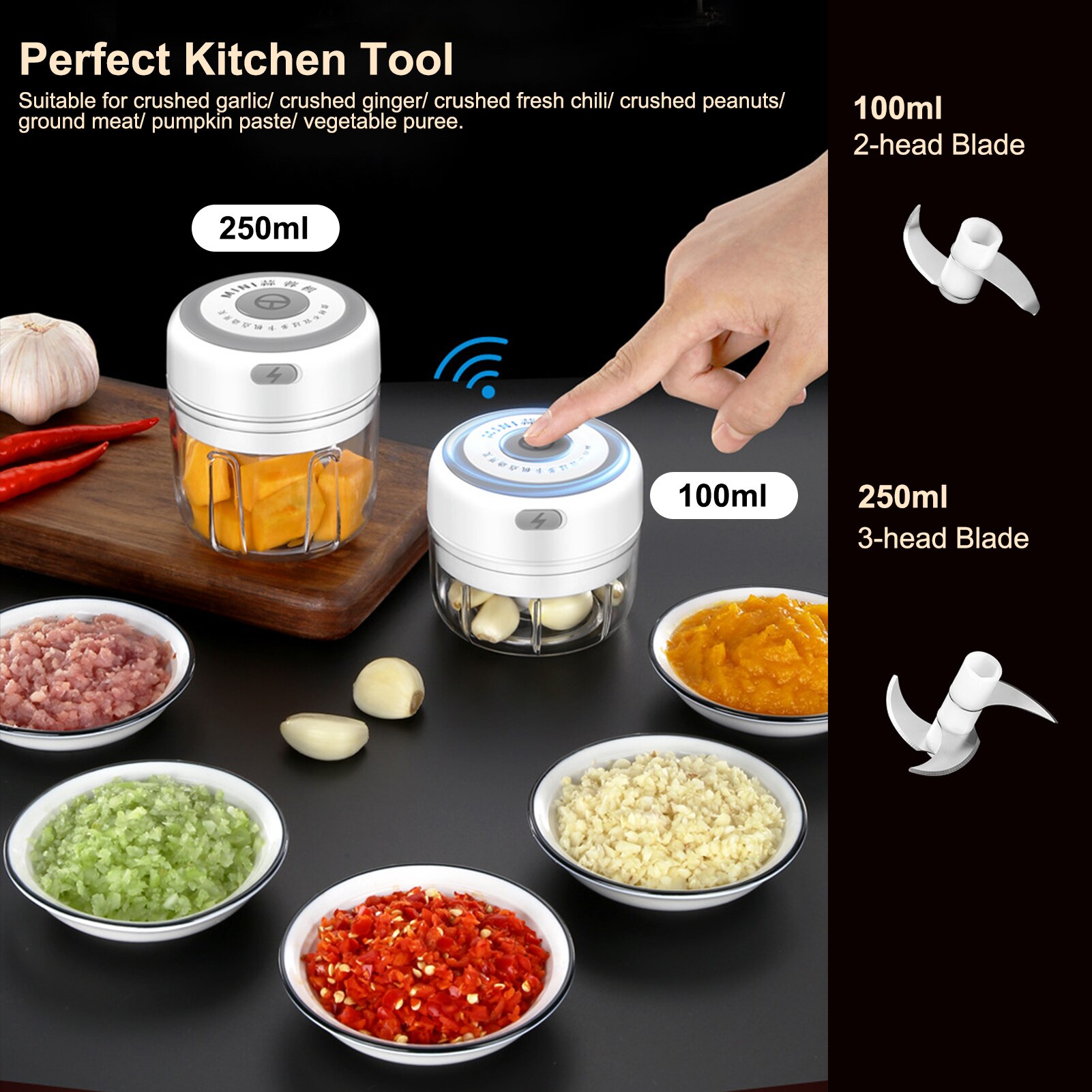 Electric Mini Garlic Chopper With USB Rechargeable Food Portable Small Food Processor For Pepper Garlic Nut Chopper/Crusher