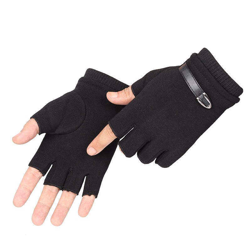 Mænd vinterhandsker fleece varm strækning halv finger handsker unisex fingerløse vanter udendørs cykel kørsel sort herre handsker: Sort
