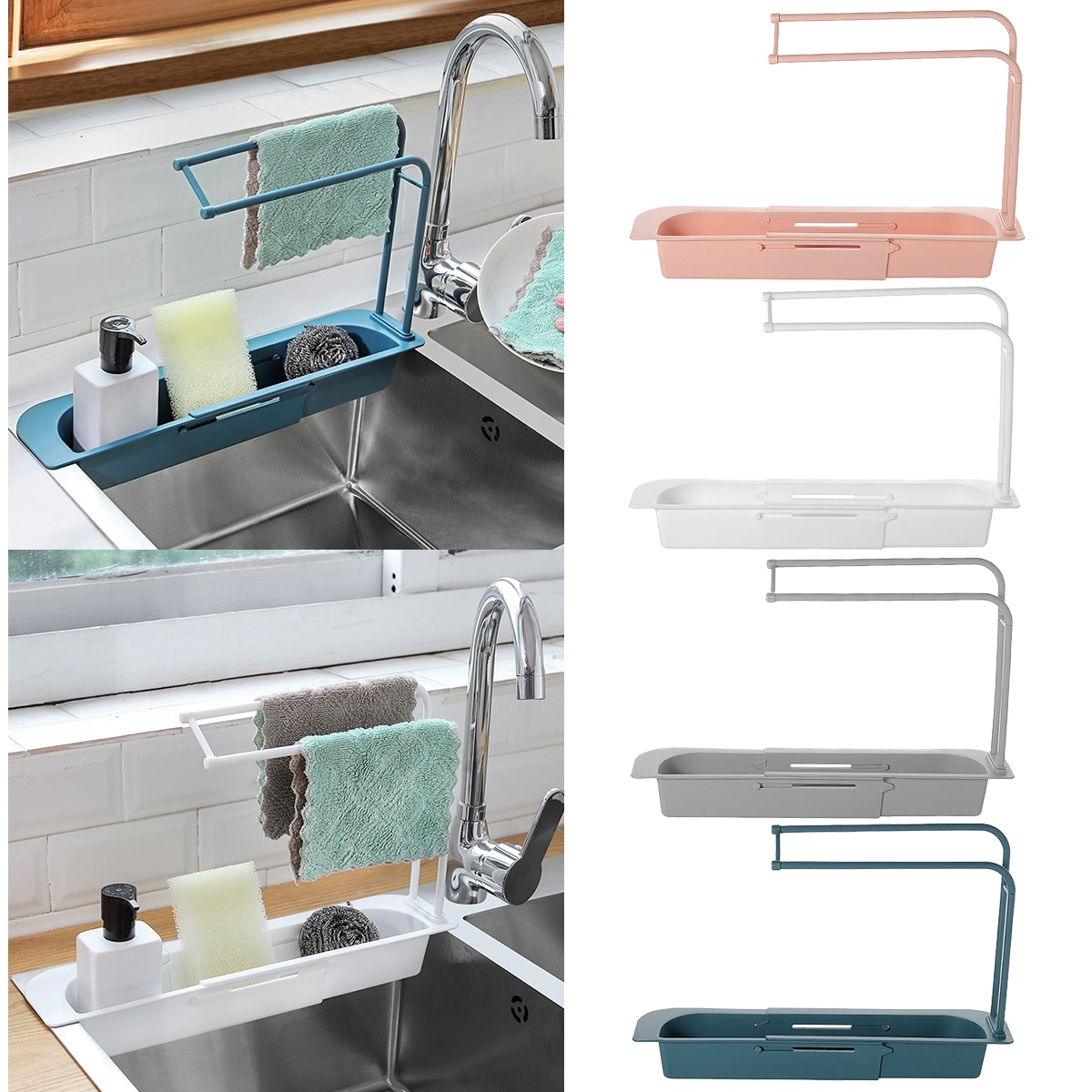 Égouttoir télescopique pour évier de cuisine, panier de rangement, porte-robinet réglable, accessoires de salle de bain