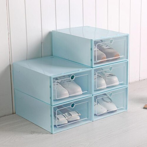 Schoenenopbergdozen, doorzichtige plastic stapelbare schoenenorganizer, opvouwbare schoenendoos, stapelbare doorzichtige schoenenopbergdoos ( 3 stuks): Blauw