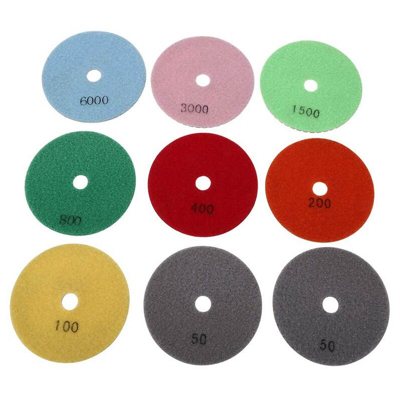 10Pcs 4 Inch Diamantslijperij Pads Set, m14 Zelfklevende Houder + 9 Stuks Droog Polijsten Pads Kit Voor Auto Auto Graniet Marmer