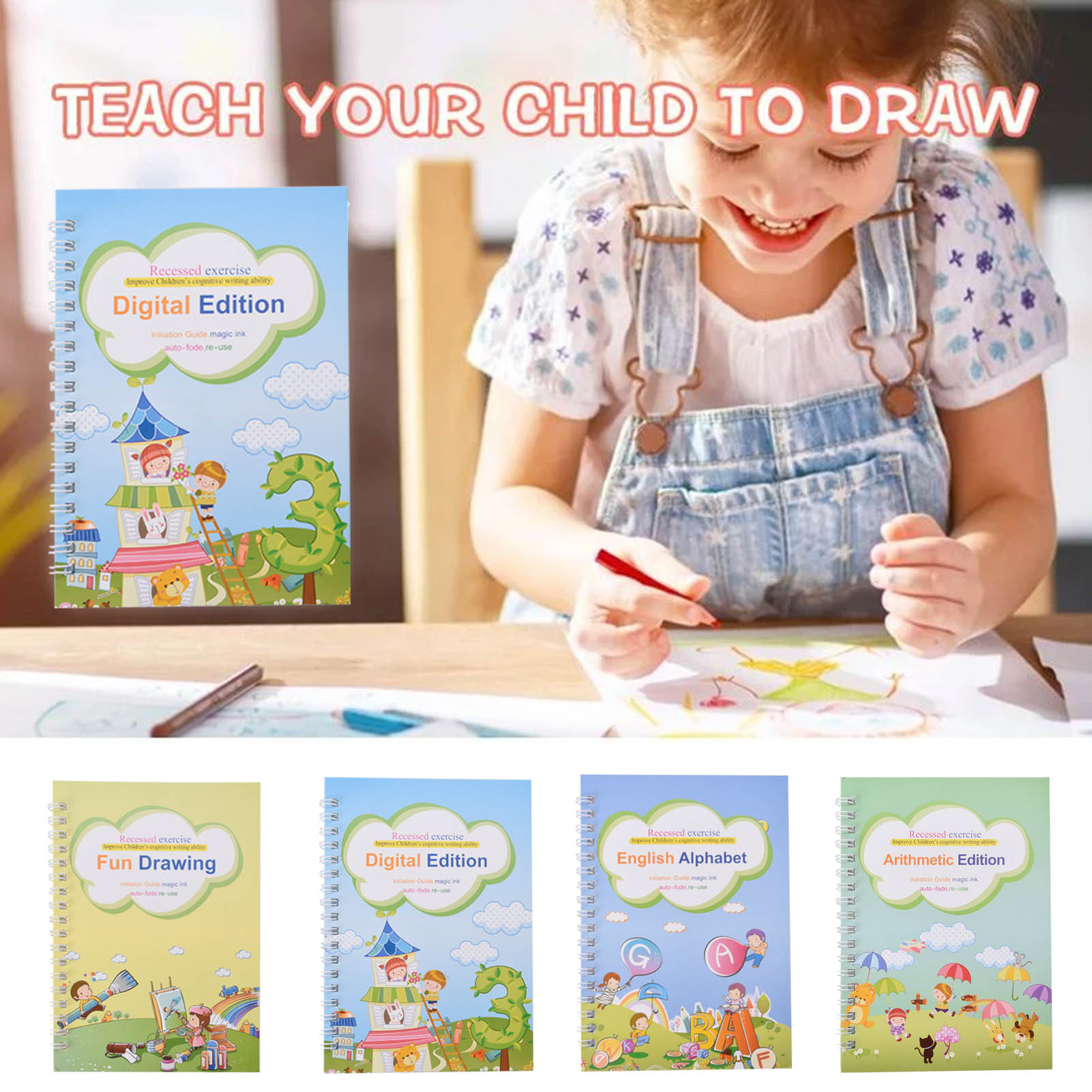 4 Books + Pen Magic Practice Copybook Free Wiping Children's Copybook Magic Magic Writing Sticker English Version