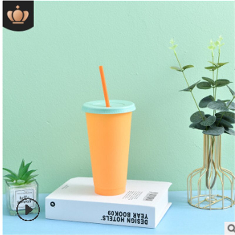 Farveændrende kolde drikke kopper genanvendelig temperaturfølsom plast farverig kaffe med låg og sugerør: Orange