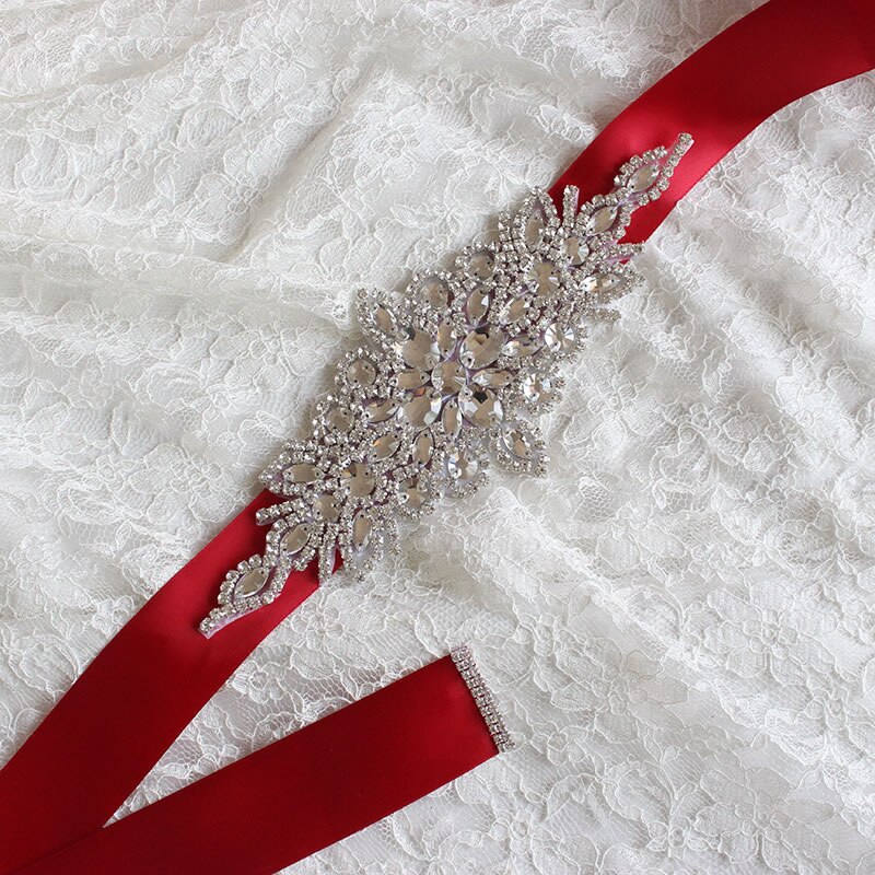 Bridal Crystal Wedding Accessories Satin Dress Belt Ribbon Waistband Sash for Evening Prom Dresses: Wine Red