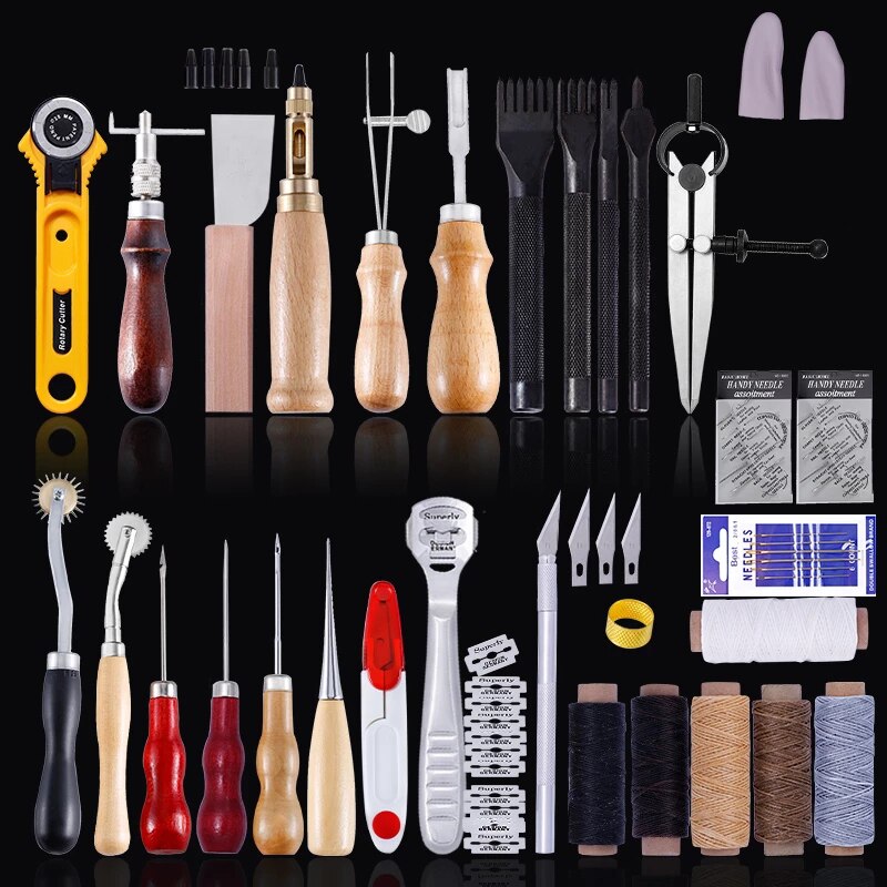 Miusie Lederen Naaien Kit Leer Hobbygereedschappen Set Hand Naaien Priem Stiksels Punch Carving Werk Zadel Groover Set Voor Beginners